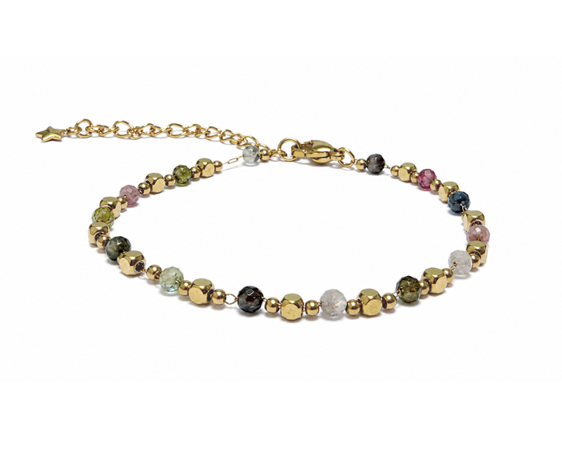 Pulseira Energia em Turmalina Multicolorida A – Contas Douradas