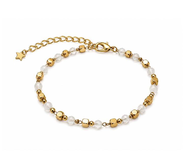 Pulseira Energética de Pedra da Lua Branca A – Contas Douradas