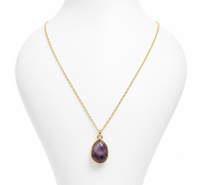 Colar de Aço Inoxidável Dourado com Pendente Geométrico de Ametista AA 15mm