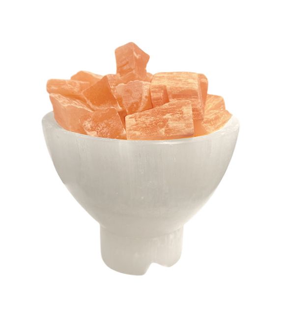 incenso em Lâmpada de selenita em forma de tigela com seixos de selenita laranja, 19 cm, 2-3 kg.