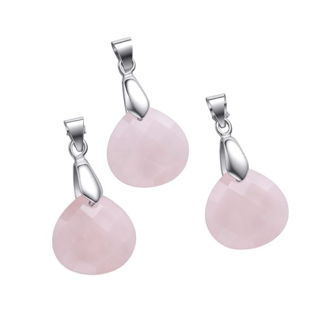 Pingente plano facetado em quartzo rosa – Conjunto de 3