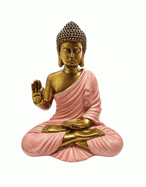 incenso em Estátua de Buda Abhaya Rosa e Dourada em Resina 23 cm