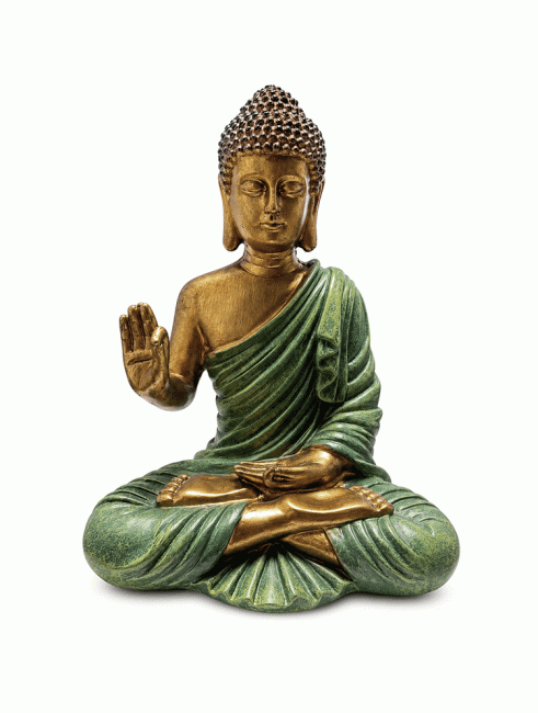 incenso em Estátua de Buda Abhaya Verde-Escuro e Dourado em Resina 23,5 cm