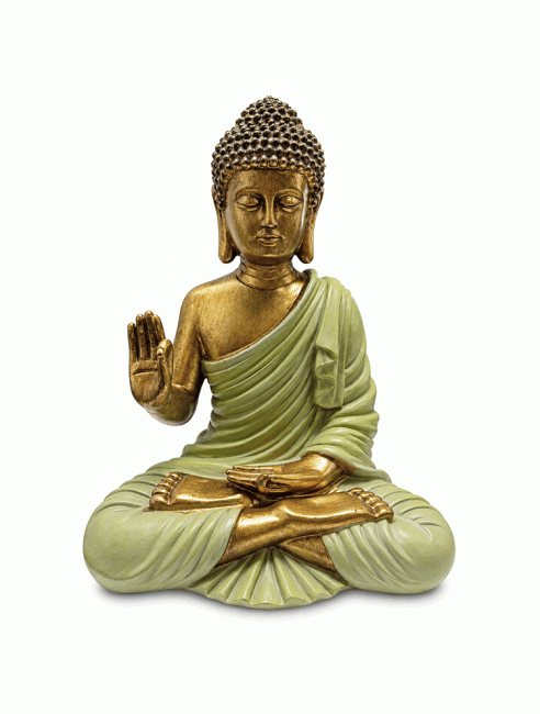 incenso em Estátua de Buda Abhaya Verde Escuro e Dourada em Resina 31 cm