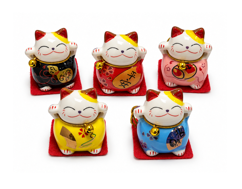 Conjunto de 5 Gatos da Sorte Maneki-neko em Resina 5 cm