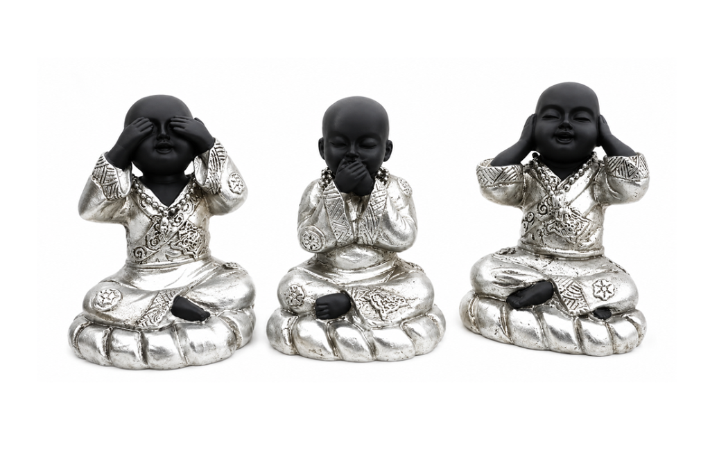 incenso em Conjunto de 3 Estatuetas de Monges Sábios em Resina Preta e Prateada 8cm