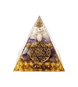 Pirâmide de Orgonite Cristal de Rocha e Ametista Flor de Vida Pentáculo