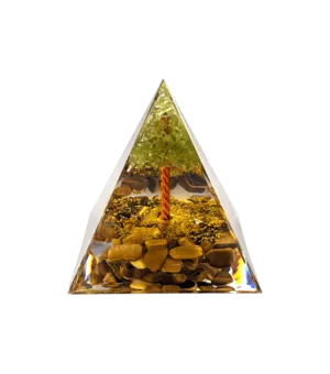 Pirâmide Orgonite Olho de Tigre e Peridoto Árvore da Vida