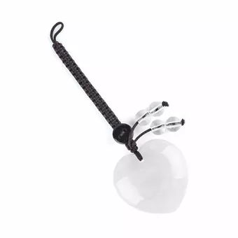 Pingente de bolsa em formato de coração, feito de cristal de rocha natural.