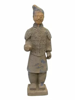 Estátua de guerreiro colorida em terracota antiga, 26 cm
