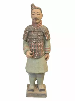 Estátua antiga de guerreiro em terracota colorida, 35 cm