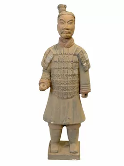 Estátua antiga de guerreiro em terracota colorida, 36 cm