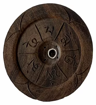 Porta-incenso de madeira redonda tibetana cinzelada 10cm