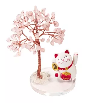Árvore da Vida de Quartzo Rosa com Manekineko
