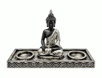 Castiçal Buda Meditação Prateado e Preto em Resina 22 cm