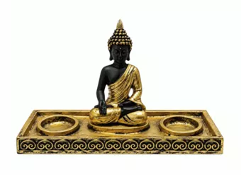 Castiçal Buda Meditação Dourado e Preto em Resina 22 cm