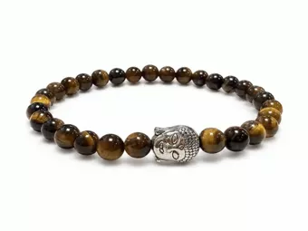Pulseira de Olho de Tigre A com Buda Prateado e Contas Redondas de 6 mm