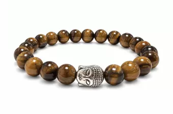 Pulseira de Olho de Tigre A com Buda Prateado e Contas Redondas de 8 mm