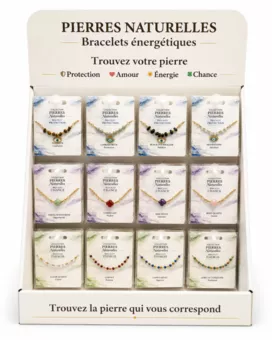 Expositor de Pulseiras em Pedras Naturais e Aço Inoxidável Dourado – 48 Pulseiras