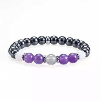 Pulseira de hematita, ametista, quartzo rosa e labradorita com contas de 8 mm.