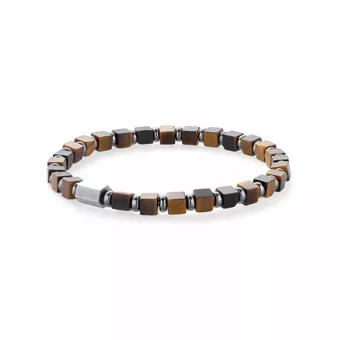 Pulseira de Olho de Tigre e Hematita A contas quadradas 4mm – aço inoxidável