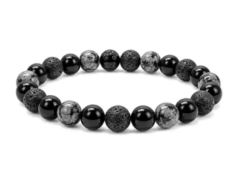 Pulseira de Obsidiana Floco de Neve, Pedra de Lava e Ônix Preto A contas 8mm