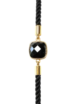Pulseira Lorde Cordão Obsidiana Preta Quadrado Facetado 11mm