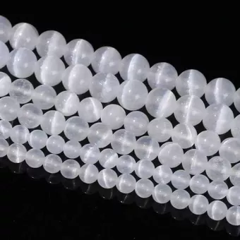 Fio de Contas Redondas de Selenita Olho de Gato AA 10mm