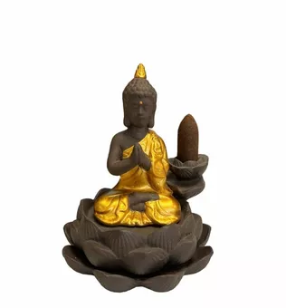 Suporte para incenso com refluxo Buda dourado - Flor de Lótus 11cm