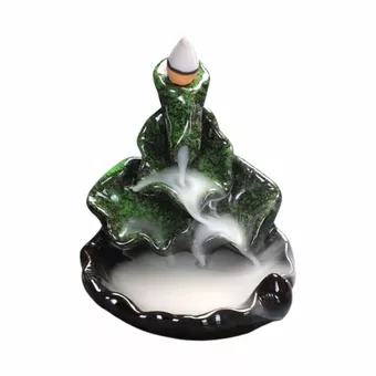 Porta-incenso de cerâmica com design em cascata e folhas de lótus verdes, 10 cm