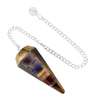 Pêndulo cónico de 6 lados Olho de Tigre e Sete Chakras