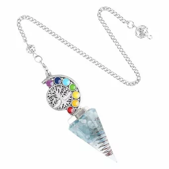 Pêndulo de orgonite aquamarino Árvore da Vida 7 Chakras 6 lados