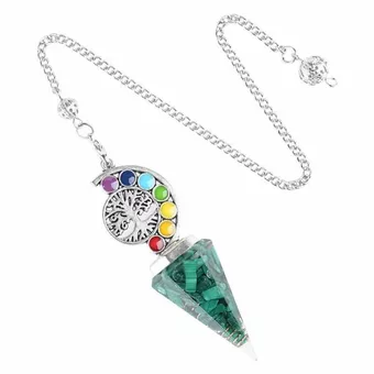 Pêndulo de orgonite e malaquita, Árvore da Vida, 7 chakras, 6 faces