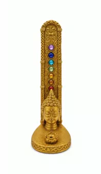 Porta-Incenso Cabeça de Buda 7 Chakras Dourado em Resina 17 cm