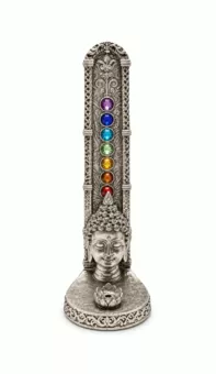 Porta-Incenso Cabeça de Buda 7 Chakras Prateado em Resina 17 cm