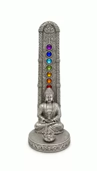 Incensário Buda Meditação 7 Chakras Prateado em Resina 17 cm