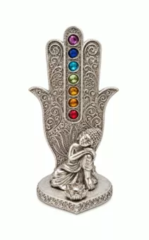 Porta-Incenso Mão de Fátima Buda 7 Chakras Prateado em Resina 16 cm