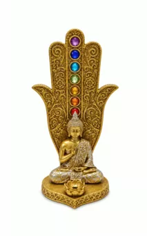 Porta-Incensos Mão de Fátima Buda 7 Chakras Dourado em Resina 16 cm
