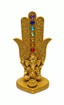 Porta-Incenso Mão de Fátima Ganesh 7 Chakras Dourado em Resina 16 cm