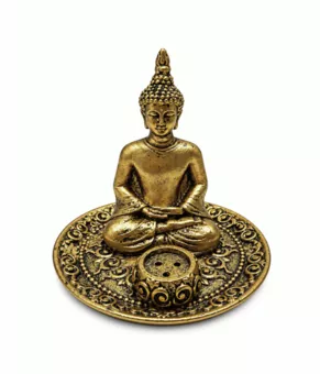 Porta-Incenso Buda Meditação Dourado em Resina 9 cm