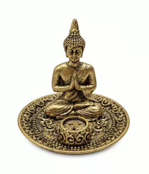 Incensário Buda Oração Dourado em Resina 9 cm
