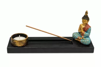 Porta-Incenso e Castiçal Buda Meditação Multicolor em Madeira e Resina 24 cm