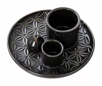 Porta-incenso de cerâmica preta Flores da Vida para Palo Santo e Sálvia Branca 13 cm