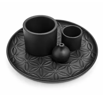 Porta-Incenso Multifuncional Flor da Vida Preto Fosco 13 cm