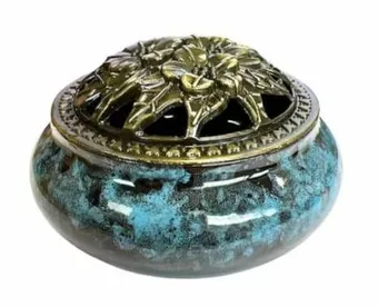 Porta incenso de cerâmica preta e azul 10cm