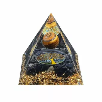 Pirâmide de Orgonite Olho de Tigre e Obsidiana Negra Árvore da Vida