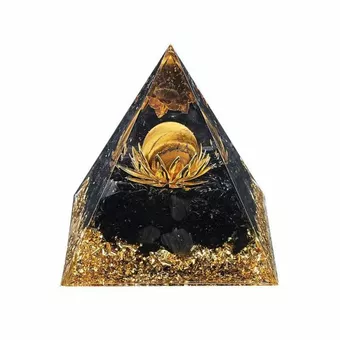 Pirâmide Orgonite Olho de Tigre e Lótus de Obsidiana Negra