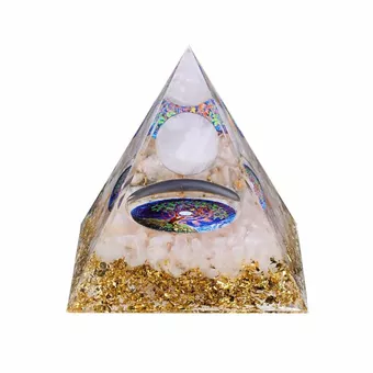 Pirâmide de orgonite, quartzo rosa, árvore da vida