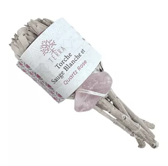 Tocha de Pétalas de Sálvia Branca com Quartzo Rosa 25-30g 11cm