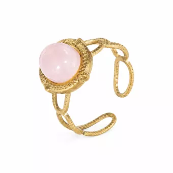 Anel oval de quartzo rosa em aço inoxidável banhado a ouro